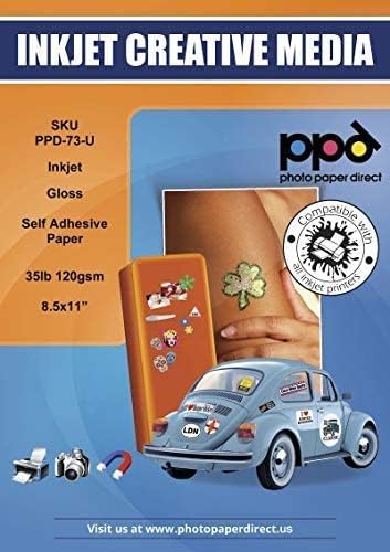 PPD 50 Sheets Inkjet Glossy Photo Sticker Paper 35lbs 120gsm 8.5x11 Full Sheet Self Adhesive Instant Dry True Photographic Quality (PPD-73-50) - Image 1